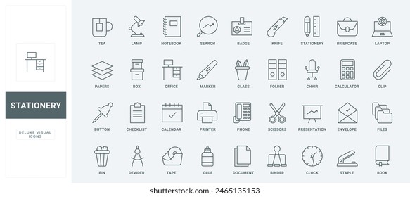 Outline business graph on presentation and calendar symbols, file in folder and paper documents, laptop and desk, tea cup. Office stationery thin black and red line icons set vector illustration