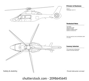 Esbozar el dibujo del helicóptero de negocios. Arriba, vista lateral del helicóptero de lujo. Plano de venículo aislado. Aviación privada. Folleto industrial. Ilustración del vector