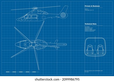 Esbozar el dibujo del helicóptero de negocios. Arriba, vista lateral del cobre civil. El diseño de un vehículo de lujo. Aviación privada. Folleto industrial. Ilustración del vector