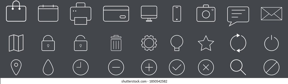 Outline business icons collection. Isolated linear office set. Calendar and printer symbols. Computer and laptop pictograms. Lock and checkmark sign. Vector illustration of business icons