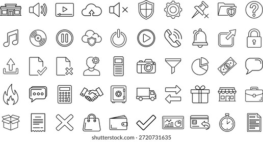 Esquema de iconos de negocios e interfaz con símbolos multimedia, de seguridad y de oficina