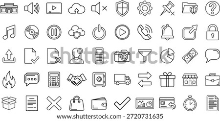 Outline business and interface icons set with multimedia, security and office symbols