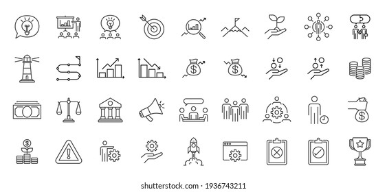 Outline Business Presentation Icon set. Contains such Icons as data analysis, meeting, money, trophy, and more.