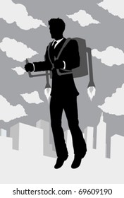 Outline Of A Businessman Flying With A Rocket Pack