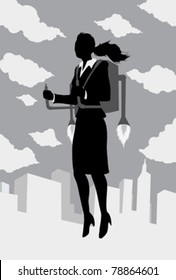 Outline of a businessman flying with a rocket pack