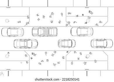 Esbozo de una calle concurrida con gente y coches de líneas negras aislados en un fondo blanco. Vista desde arriba. 3 D. Ilustración vectorial.