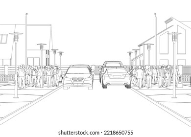 Outline of a busy street with people and cars from black lines isolated on a white background. Front view. 3D. Vector illustration.