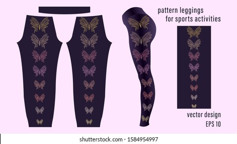 Outline butterflies different colors, pattern black women's leggings pants. Print for cloth, vector illustration stock.