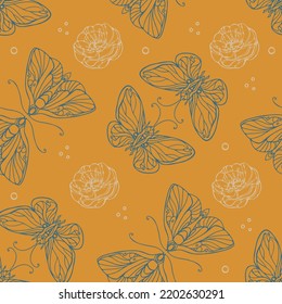 Esquema de mariposas y flores Patrón transparente sobre el fondo amarillo Ilustración vectorial. Papel tapiz, tela, papel envolvente 