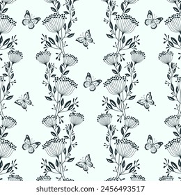 Outline butterflies and flowers.Vector seamless pattern with monochromatic abstract butterflies and flowers.