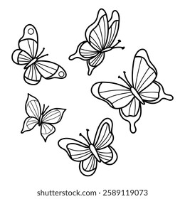 Outline butterfly collection. Isolated linear insects symbolizing nature beauty on white background. Vector illustration. Line drawing, coloring book. Kids collection