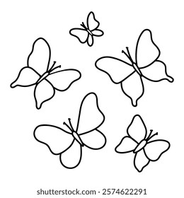 Outline butterfly. Isolated linear insects symbolizing nature beauty on white background. Vector illustration. Line drawing, coloring page. Kids collection