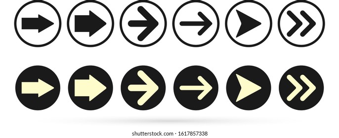Outline button arrow icon set isolated on white. Black symbol for web in round. Sketch circle with arrow. Vector stock illustration