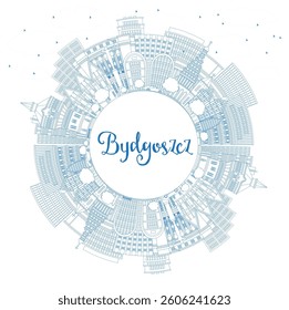 Outline Bydgoszcz Poland city skyline with blue buildings and copy space. Vector illustration. Bydgoszcz cityscape with landmarks. Business and tourism concept with modern and historic architecture.
