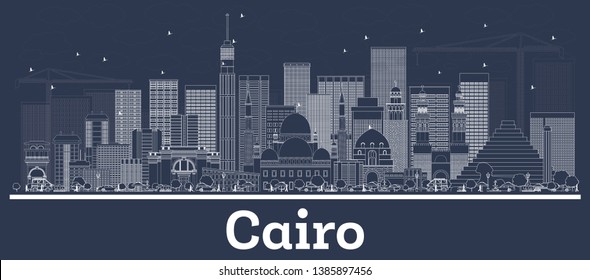 Outline Cairo Egypt City Skyline with White Buildings. Vector Illustration. Business Travel and Concept with Modern Architecture. Cairo Cityscape with Landmarks.