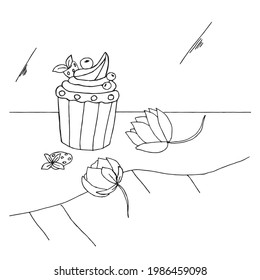 Outline cake with berries and flowers