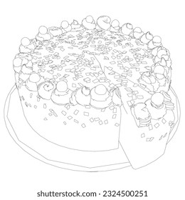 Outline cake. Birthday cake in contour line art drawing style. Traditional birthday cake on the top minimalist black linear sketch isolated on white background. Vector illustration.