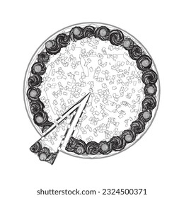 Outline cake. Birthday cake in contour line art drawing style. Traditional birthday cake on the top minimalist black linear sketch isolated on white background. Vector illustration.
