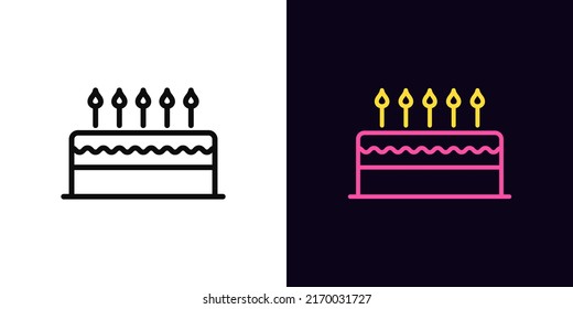 Outline cake icon, with editable stroke. Cake with burning candles, birthday and dessert pictogram. Confectionery and cake shop, birthday party, sweet pleasure. Vector icon for UI and Animation