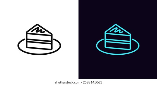 Outline cake piece icon, with editable stroke. Cake slice with cream on plate, chocolate pie. Festive sweet dessert, birthday cake, cheesecake piece, holiday pie slice, sweet bakery. Vector icon