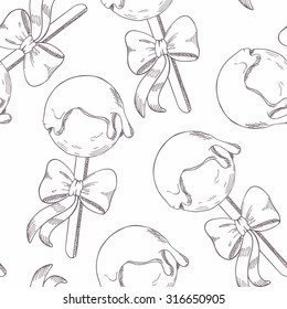 Outline cake pops with bow seamless pattern. Sketch style monochrome illustration. Food background in vector
