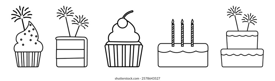 Outline of cakes and cupcakes with candles and sparklers. Cupcakes with cherries, cakes with candles. Festive cakes and cupcakes for celebrations. Cute vector illustration set.