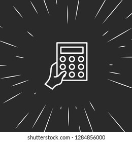 Outline calculator with hand icon, illustrated icon for modern web and mobile design, simple and minimal symbol of calculator with hand