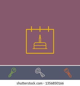 Outline calendar with birthday cake icon.Best calendar with birthday cake vector, illustrated icon for modern web and mobile design.Bonus broken key symbol