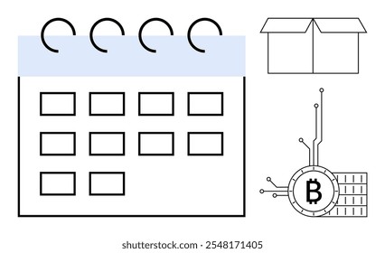Outline calendar with a bitcoin symbol and an open box. Ideal for time management, cryptocurrency, scheduling, blockchain technology, and minimalistic design themes. Clean line art style
