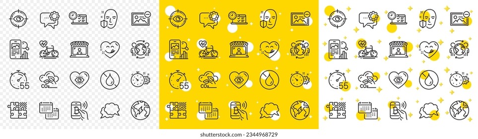 Outline Calendar, Chat message and Electricity line icons pack for web with Yummy smile, Online test, Eye target line icon. Phone search, Cogwheel timer, Co2 gas pictogram icon. Vector