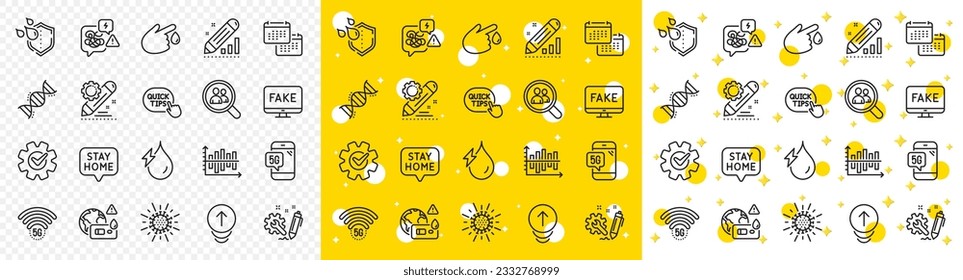 Calendario de esquema, Editar estadísticas e iconos de línea de sugerencias rápidas para web con teléfono 5g, wifi 5g, icono de línea de estrés. Edición del proyecto, Subir, Icono del pictograma de donación de sangre. Diagrama de diagrama. Vector