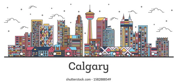 Outline Calgary Canada City Skyline with Color Buildings Isolated on White. Vector Illustration. Calgary Cityscape with Landmarks. 