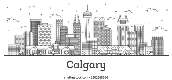 Outline Calgary Canada City Skyline with Modern Buildings Isolated on White. Vector Illustration. Calgary Cityscape with Landmarks. 