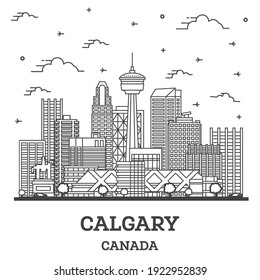 Outline Calgary Canada City Skyline with Modern Buildings Isolated on White. Vector Illustration. Calgary Cityscape with Landmarks. 