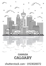 Outline Calgary Canada City Skyline with Modern Buildings and Reflections Isolated on White. Vector Illustration. Calgary Cityscape with Landmarks. 