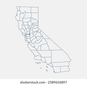 Outline California map isolated on white background. California map. California map outline template. Editable California map outline with county divisions. Vector illustration
