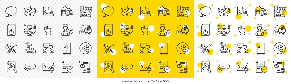 Outline Call Center, Dots Nachricht und Einstellungen Blaupause Linie Icons Pack für Web mit Compliance, Hammer-Tool, Musik-Telefon-Linie-Symbol. Person bearbeiten, Umfrageergebnisse, Kühlschrank-Piktogramm-Symbol. Vektorgrafik