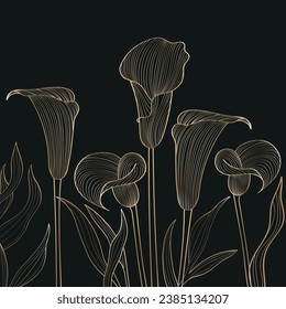 Outline calla flowers background, Golden flowers