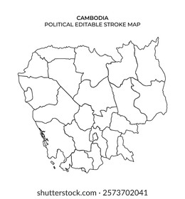 Outline of Cambodia showing its political divisions, perfect for educational and design purposes. The stroke map highlights provinces and borders for easy editing and customization.