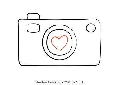 Outline Camera with a Heart in the Lens. Moment of love. To take a photo. Pencil drawing. Snapshot. Photograph. Isolated object. Line drawing doodle. Vector illustration.