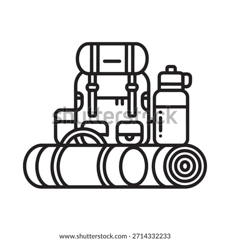 Outline of camping gear including a backpack water bottle and sleeping bag