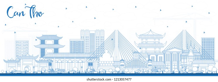 Esquema de Can Tho Vietnam City Skyline con Edificios Azules. Ilustración vectorial. Concepto de viajes de negocios y turismo con arquitectura histórica. Can Tho Cityscape con monumentos.