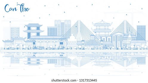 Outline Can Tho Vietnam City Skyline with Blue Buildings and Reflections. Vector Illustration. Business Travel and Tourism Concept with Historic Architecture. Can Tho Cityscape with Landmarks. 