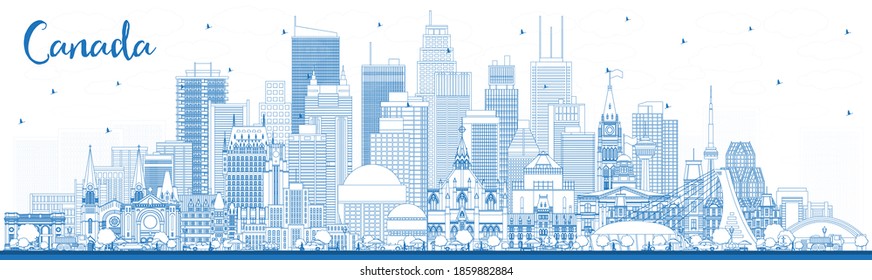 Outline Canada City Skyline with Blue Buildings. Vector Illustration. Concept with Historic Architecture. Canada Cityscape with Landmarks. Ottawa. Toronto. Montreal. Vancouver.