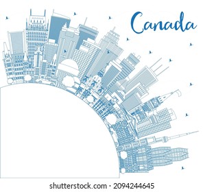 Outline Canada City Skyline with Blue Buildings and Copy Space. Vector Illustration. Concept with Historic Architecture. Canada Cityscape with Landmarks. Ottawa. Toronto. Montreal. Vancouver.