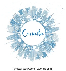 Outline Canada City Skyline with Blue Buildings and Copy Space. Vector Illustration. Concept with Historic Architecture. Canada Cityscape with Landmarks. Ottawa. Toronto. Montreal. Vancouver.