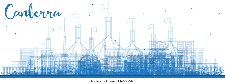 Outline Canberra Australia City Skyline with Blue Buildings. Vector Illustration. Business Travel and Tourism Concept with Modern Architecture. Canberra Cityscape with Landmarks.