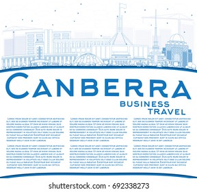 Outline Canberra Skyline with Blue Buildings and Copy Space. Vector Illustration. Business Travel and Tourism Concept with Modern Architecture. Image for Presentation Banner Placard and Web Site.