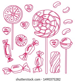 Outline candies, lollipops, jelly beans, marshmallow isolated vector illustration