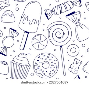 Outline candies seamless pattern. Repeating design element for printing on fabric. Minimalistic sketch of ice cream, caramel and donut, cupcake. Dessert and delicacy. Linear flat vector illustration